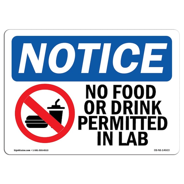 Safety Sign, OSHA Notice, 18" Height, No Food Or Drink Permitted In Lab Sign With Symbol, Landscape
